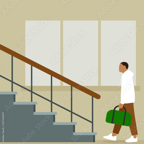 Male character with a bag in his hand goes to the stairs