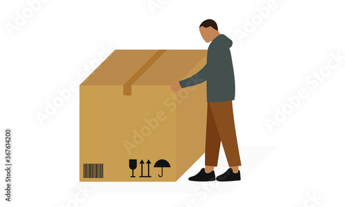 Male character and a huge cardboard box on a white background
