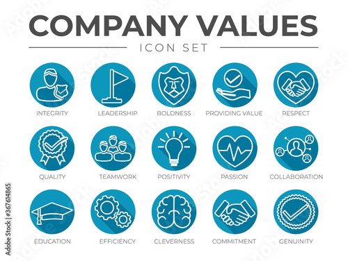 Business Company Values Round Outline Icon Set. Integrity, Leadership, Boldness, Quality, Teamwork, Positivity, Passion, Collaboration, Education, Efficiency, Cleverness, Commitment, Genuine Icons.