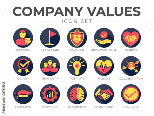 Business Company Values Round Colorful Icon Set. Integrity, Leadership, Boldness, Respect, Quality, Teamwork, Positivity, Collaboration, Education, Efficiency, Cleverness, Commitment, Genuine Icons