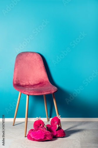 Modern Pink Velour Chair on wooden legs