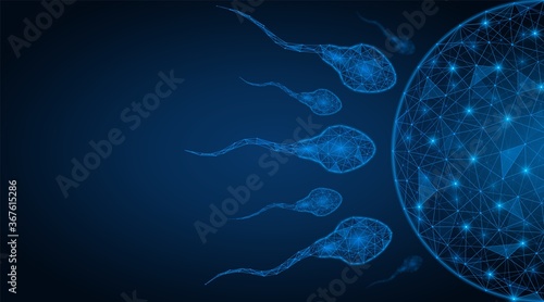 Female egg. Fertilized by sperm in a natural way. Polygonal construction of lines and points. Blue background.