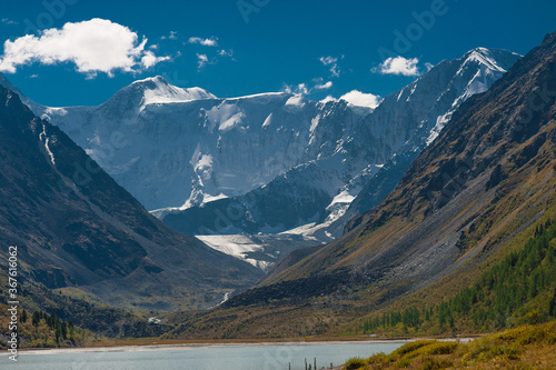 view of Mount Beluha with the blocks and the blue sky. Altai