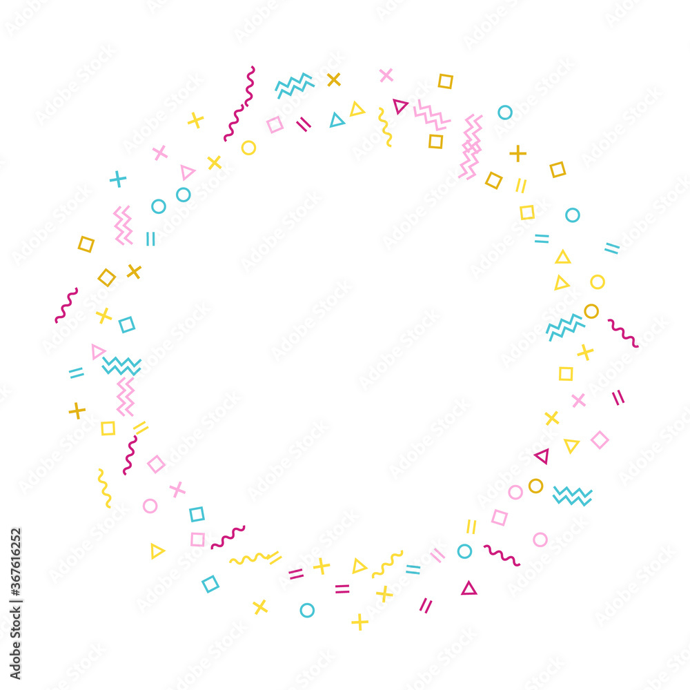 Memphis style geometric confetti background with triangle, circle, square, zigzag and wavy line Memphis style geometric confetti background with triangle, circle, square, zigzag and wavy line
