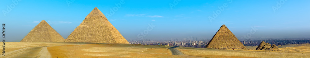 A panorama view of the Pyramids at Giza, Egypt in summer