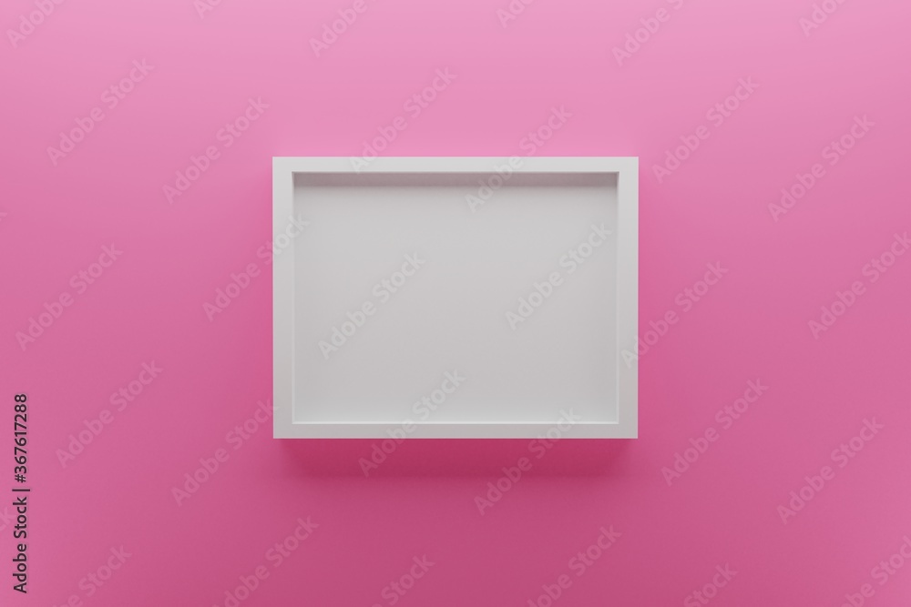 front view of empty white picture frame on wall, background pink, minimal design concept, 3D render front view of empty white picture frame on wall, background pink, minimal design concept, 3D render