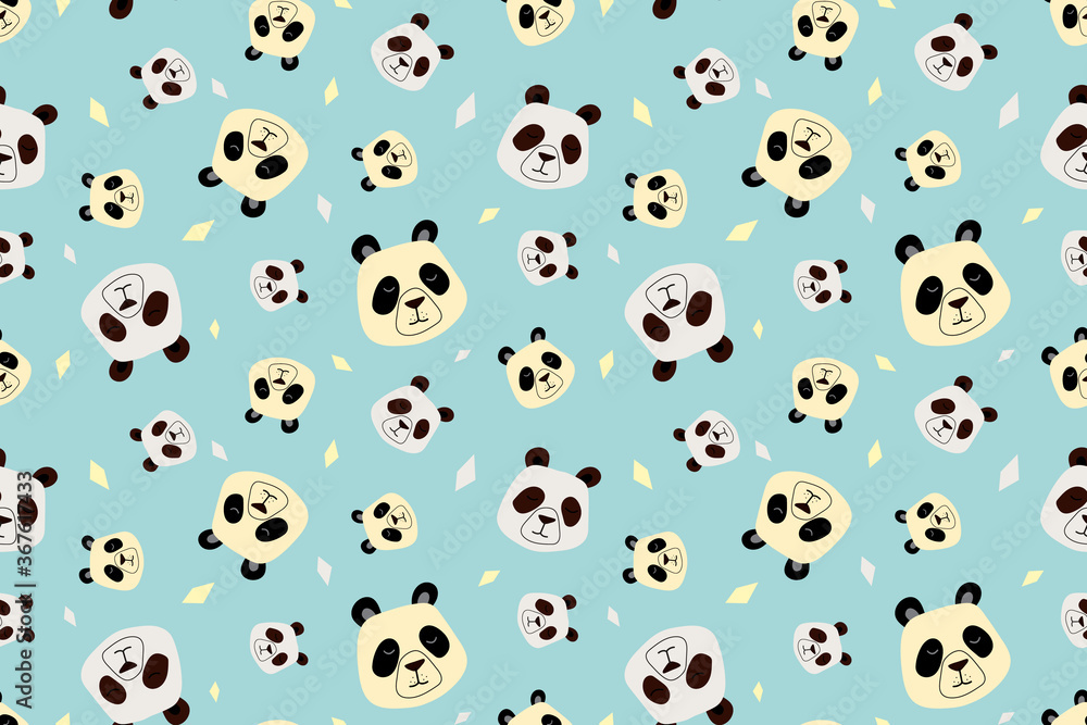 Popular vector seamless pattern panda bear faces on a blue background. Cute kids print. Great for textile, fabric, cloth prints, wallpapers or wrapping template Popular vector seamless pattern panda bear faces on a blue background. Cute kids print. Great for textile, fabric, cloth prints, wallpapers or wrapping template