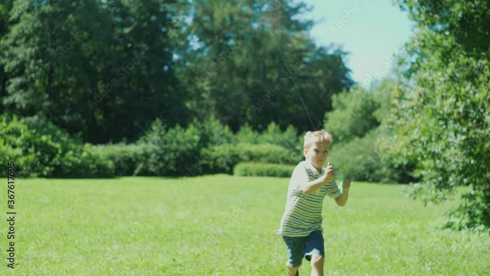 little boy launches a kite in the park. flying kite little boy launches a kite in the park. flying kite