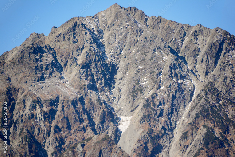 北アルプス最高峰、日本国内第3位の名峰、奥穂高岳（標高3,190m)蝶ヶ岳・常念岳を有する常念山脈より撮影。穂高連峰。蝶ヶ岳・常念岳を有する常念山脈より撮影。穂高連峰。