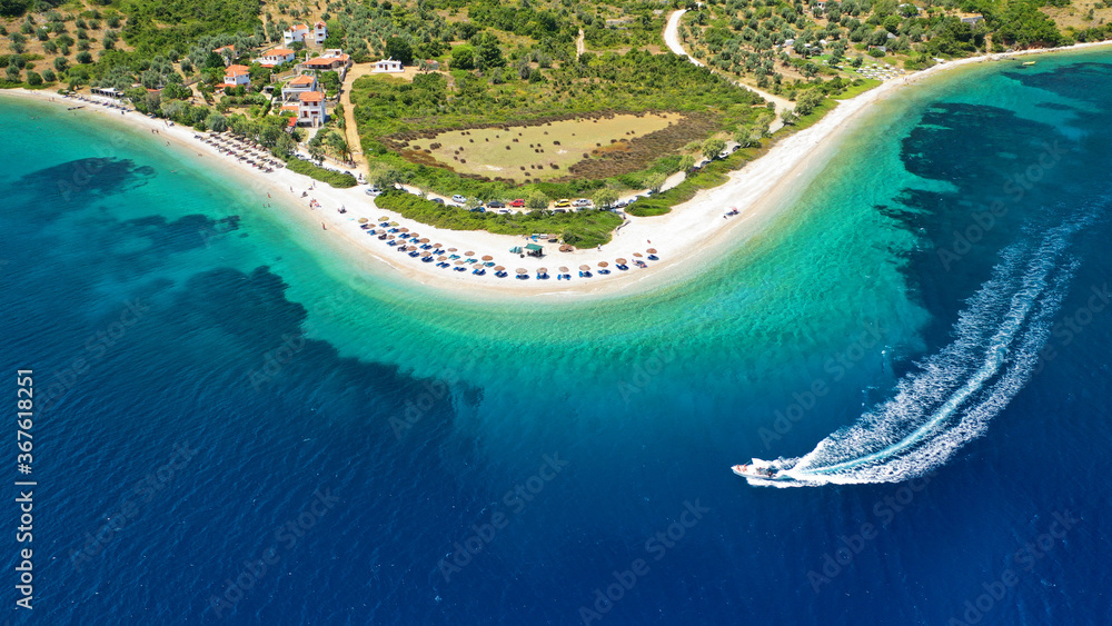 Fototapeta premium Aerial drone photo of paradise bay and beach of Agios Dimitrios with amazing turquoise clear sea, Alonissos island, Sporades, Greece