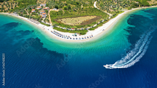 Aerial drone photo of paradise bay and beach of Agios Dimitrios with amazing turquoise clear sea  Alonissos island  Sporades  Greece