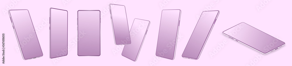 Violet pink smartphone mockup set. Realistic mobile phone gadget with blank screen device. Mockups in different deployed positions - perspective, isometric, side view and frontal. 3D vector cellphones Violet pink smartphone mockup set. Realistic mobile phone gadget with blank screen device. Mockups in different deployed positions - perspective, isometric, side view and frontal. 3D vector cellphones
