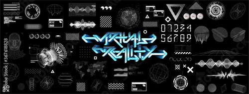 Modern universal futuristic shapes, HUD, GUI, Sky-fi with glitch effects. Cyberpunk retrofuturism concept. Vaporwave digital abstract elements for web banners, poster design and UI, UX, KIT.