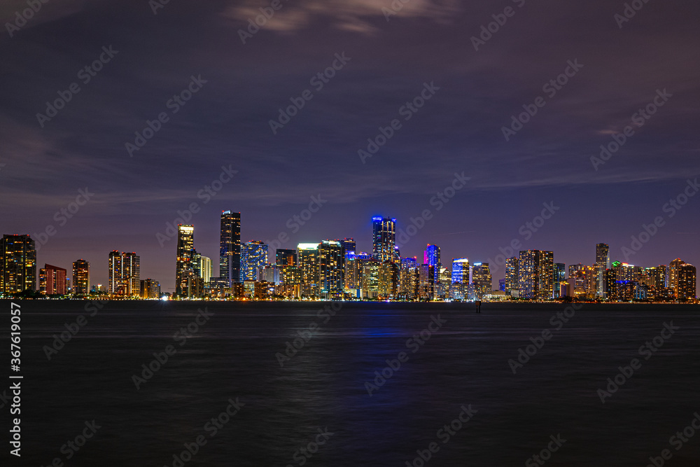 Miami Beach, Florida, USA. Night view from on Biscayne Bay. Night in the beautiful city of Miami.