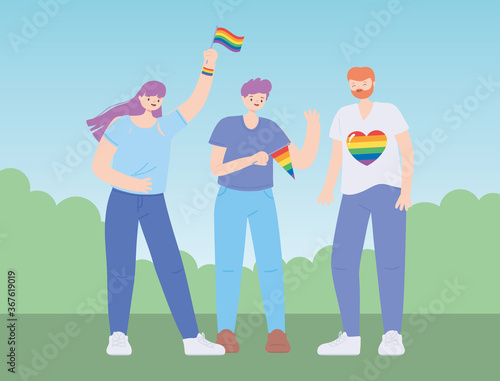LGBTQ community, happy group people with rainbow flags, gay parade sexual discrimination protest