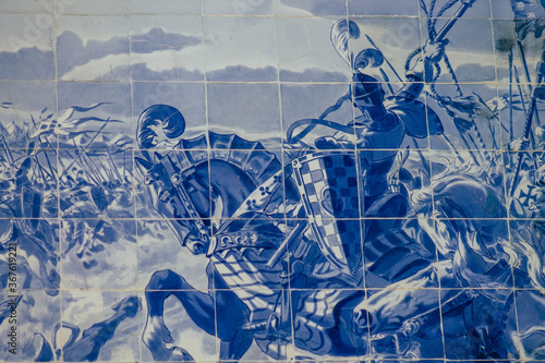 Closeup of the blue mosaic of the facade of the Carlos Lopes pavilion located in the Eduardo VII park of Lisbon, the hilly coastal capital city of Portugal
 photo