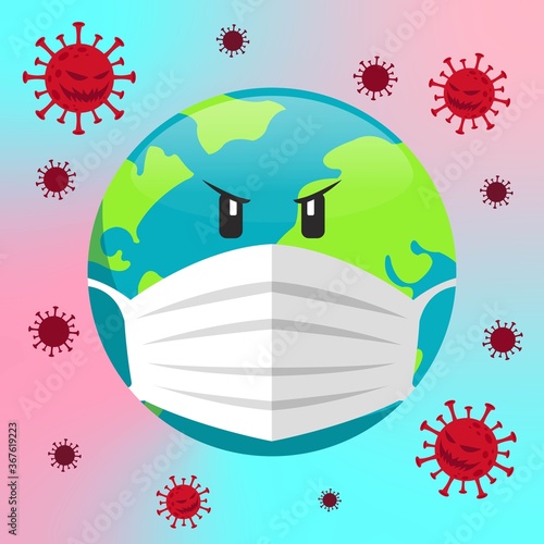 Earth cartoon wearing face mask upset with corona virus spreading all around the world