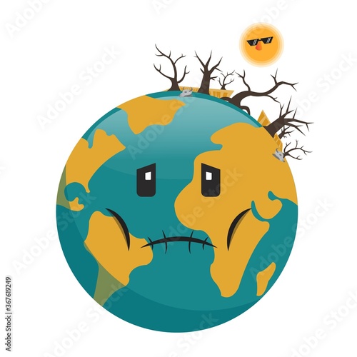 Earth cartoon with drought on it showing barren land and trees with animal skull