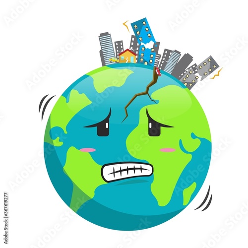 Earth cartoon with earthquake on it showing buildings destroyed and crack appeared on it