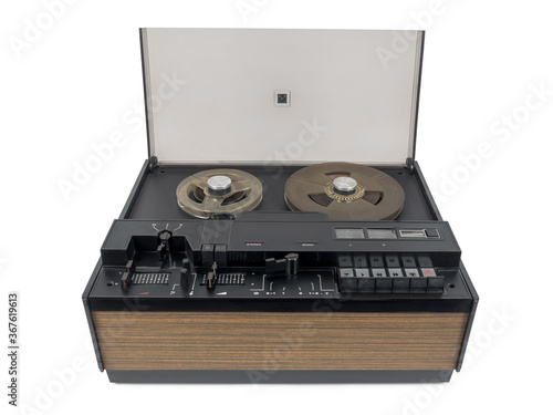 Old audio tape racorder on white background