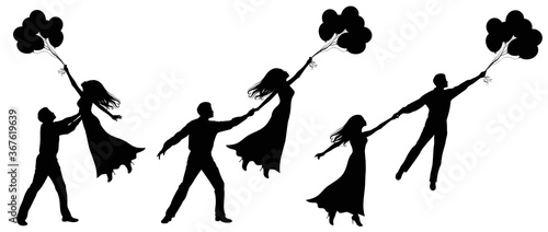 Set of silhouettes of a couple with balloons. 