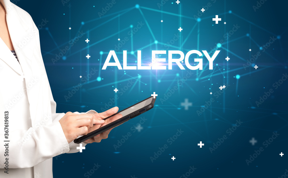 Doctor fills out medical record with ALLERGY inscription, medical concept Doctor fills out medical record with ALLERGY inscription, medical concept