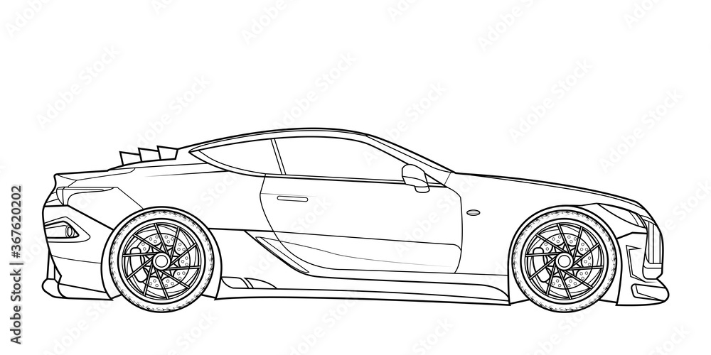 Original design vector line art car, concept design. Vehicle black contour outline sketch illustration isolated on white background. Stroke without fill. Cower drawing. Black-white icon.