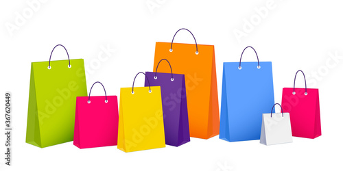 Realistic colorful paper shopping bag set isolated on white background. Online e-commerce concept., Web templates. Flat design vector illustration.