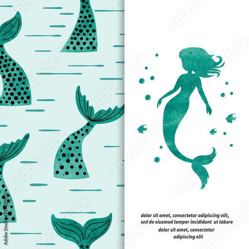 Mermaid set. Watercolor mermaid silhouette and tails pattern. Textile, fabric design.
