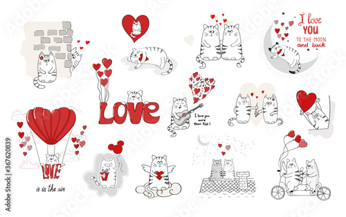 Cute cats in love. Valentines day big set for your design. Collection of doodle vector illustrations.