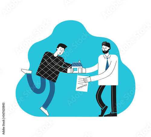 Vector concept. Cartoon customer get home from hands of mortgage broker. Successful deal. Happy young man hold accepted contract after bank aprroved loan to buy home. Minimalistic flat design