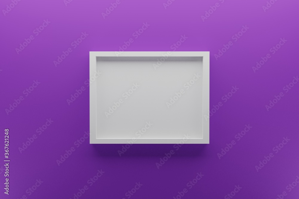 front view of empty white picture frame on wall, background lilac, minimal design concept, 3D render front view of empty white picture frame on wall, background lilac, minimal design concept, 3D render