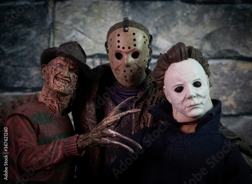 NEW YORK USA - JULY 30 2019: Friday the 13th slasher Jason Voorhees and  Halloween Michael Myers , Nightmare on Elm Street Freddy Krueger - NECA  Ultimate Jason and Freddy action figure -