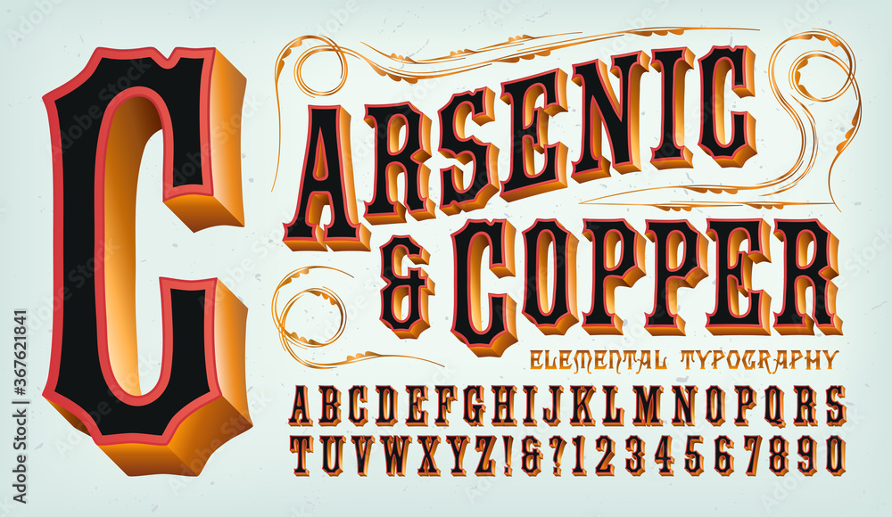 A Western Style Copper Clad Alphabet with Red and Black. This Font is Good for Frontier Town Signage, Circus Carnival Graphics, or Classic Steampunk Styling.