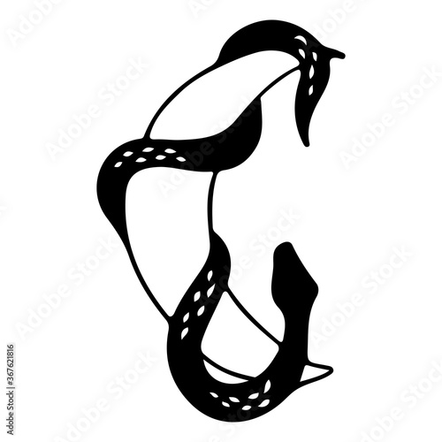 Snake wrapped around the crescent moon. Moon Phase. Halloween and gothic aesthetic. Print for greeting cards, invitations, stationery, labels, tags, logo and branding. Black silhouette vector.