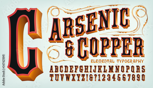A Western Style Copper Clad Alphabet with Red and Black. This Font is Good for Frontier Town Signage, Circus Carnival Graphics, or Classic Steampunk Styling.