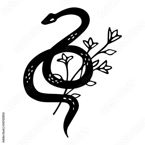 Floral Snake Silhouette with  Wildflower. Halloween and gothic aesthetic. Floral doodle design. Botanical elements. Rustic decorative plants. Black silhouette snake cartoon vector. photo