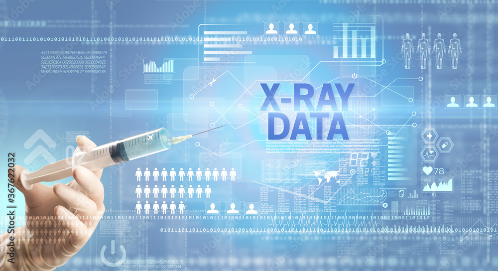 Close-up view of doctor's hand in a white glove holding syringe with X-RAY DATA inscription, healthcare and medical concept Close-up view of doctor's hand in a white glove holding syringe with X-RAY DATA inscription, healthcare and medical concept