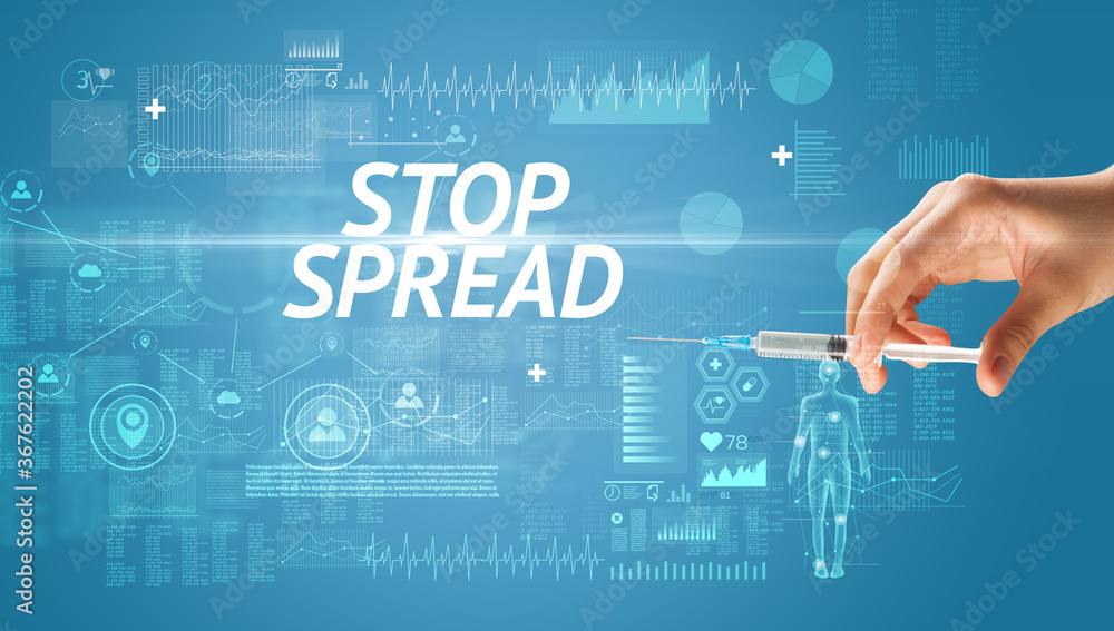 Syringe needle with virus vaccine and STOP SPREAD inscription, antidote concept Syringe needle with virus vaccine and STOP SPREAD inscription, antidote concept