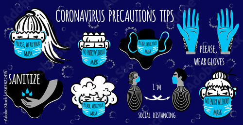 Coronavirus precaution tips. Protect yourself and others. Warning, dangerous infection. Stock vector set of coronavirus COVID-19. Safety measures and precautions warning signs on dark background.