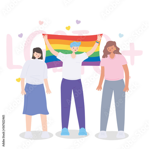 LGBTQ community, people with rainbow flag, gay parade sexual discrimination protest
