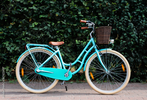 Female retro bicycle with basket on green foliage background.