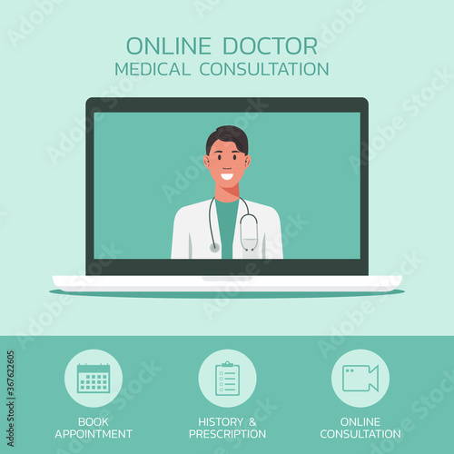online doctor consultation concept, medical staff on laptop with icon, healthcare and technology, vector flat illustration