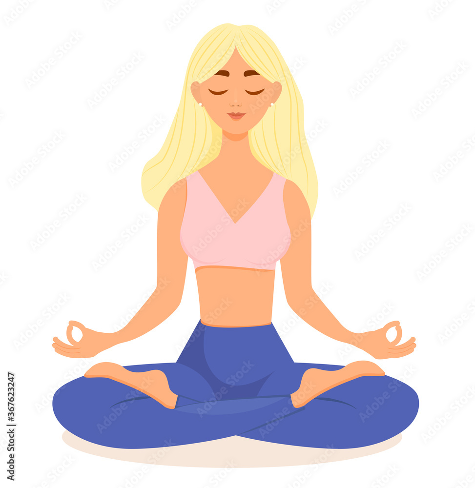 A blonde girl practices yoga in a lotus position. Vector illustration of a woman doing asanas. The concept of yoga, meditation, sports, healthy lifestyle. Young and happy woman meditates.