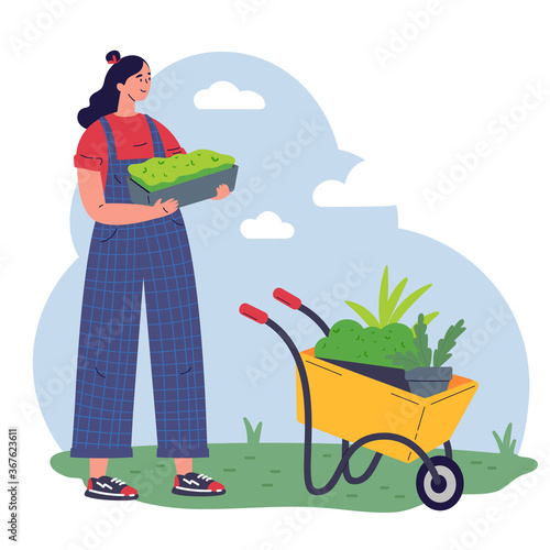 Girl gardener with equipment and a pot with greenery working flat vector illustration.Young woman with microgreen.Pleasant active rest in the garden.Plants cultivating and nursery,garden maintenance.