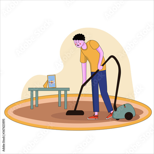 A vector illustration of father vacuuming the carpet in the house in cartoon style with line.