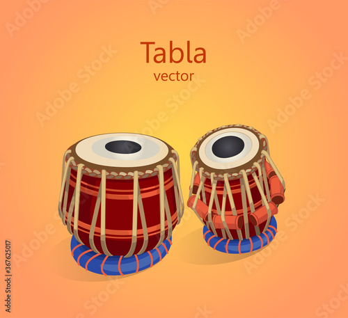 Tabla percussion oriental musical instrument. Double drum, the main percussion instrument of Indian classical music. Vector illustration of a drum on an orange background, the text can be replaced.
