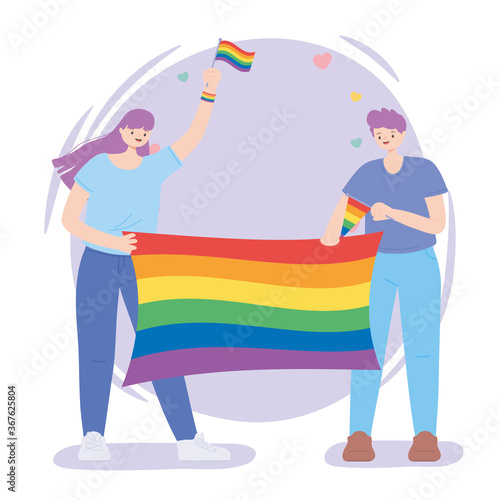 LGBTQ community, happy man and woman with rainbow flag celebration, gay parade sexual discrimination protest