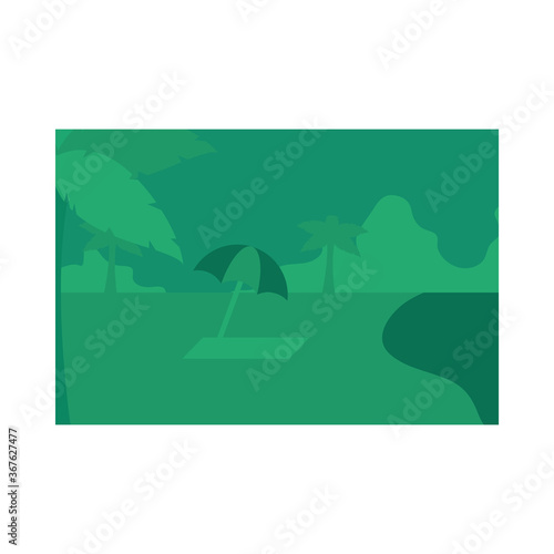 Summer green banner with umbrella at beach vector design