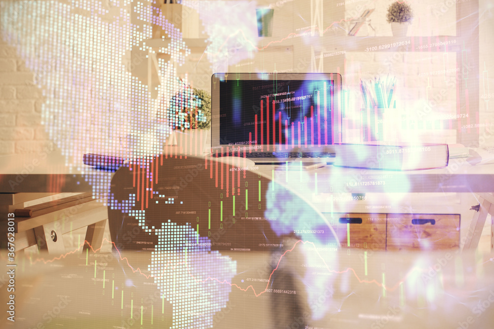 Double exposure of financial graph drawing and office interior background. Concept of stock market.